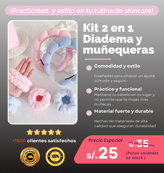 Kit 2 en 1 – Diadema Viral + Muñequeras para Skincare
